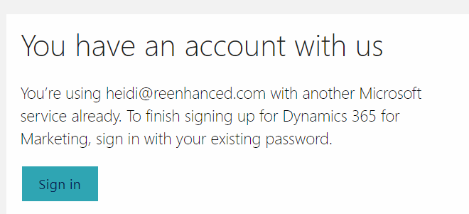Sign in with existing credentials for Dynamics 365 for Marketing