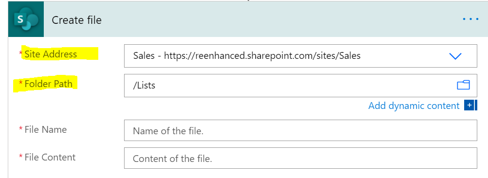 SharePoint action: select Site Address and Folder Path