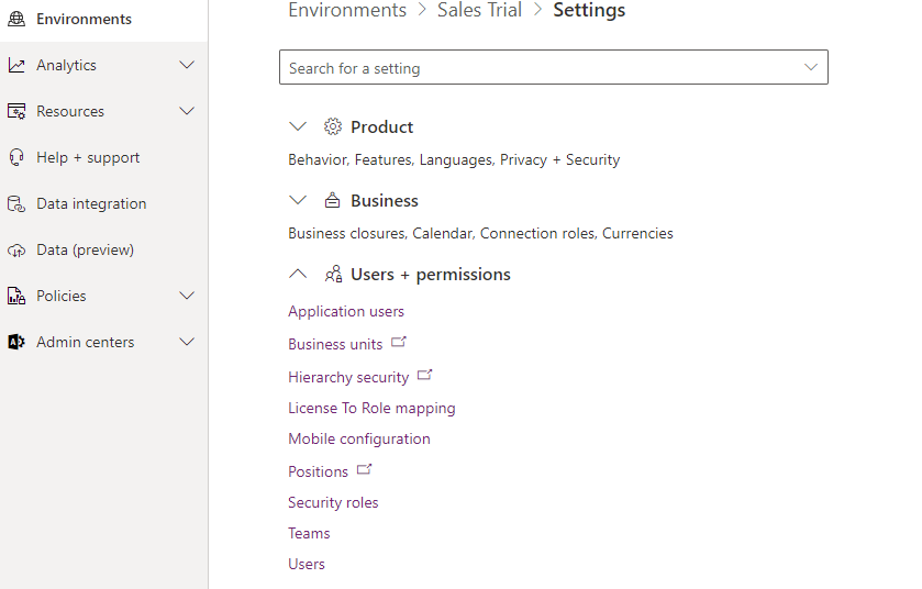 Click into each area to expand your user + permission settings in the power platform admin center.