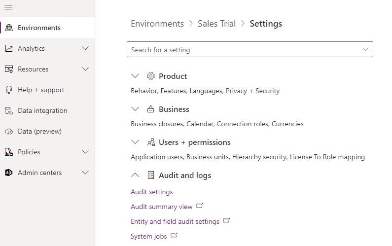 Click into each area to expand your audit and logs settings in the power platform admin center.