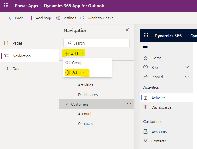 Dynamics 365 App for Outlook: Add Subarea in Navigation