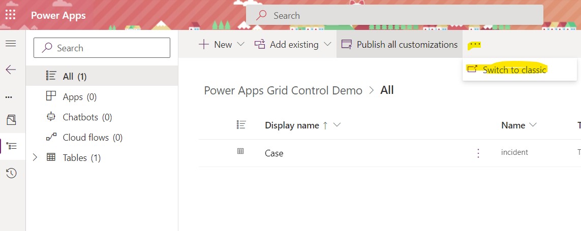 solution file in power apps switch to classic