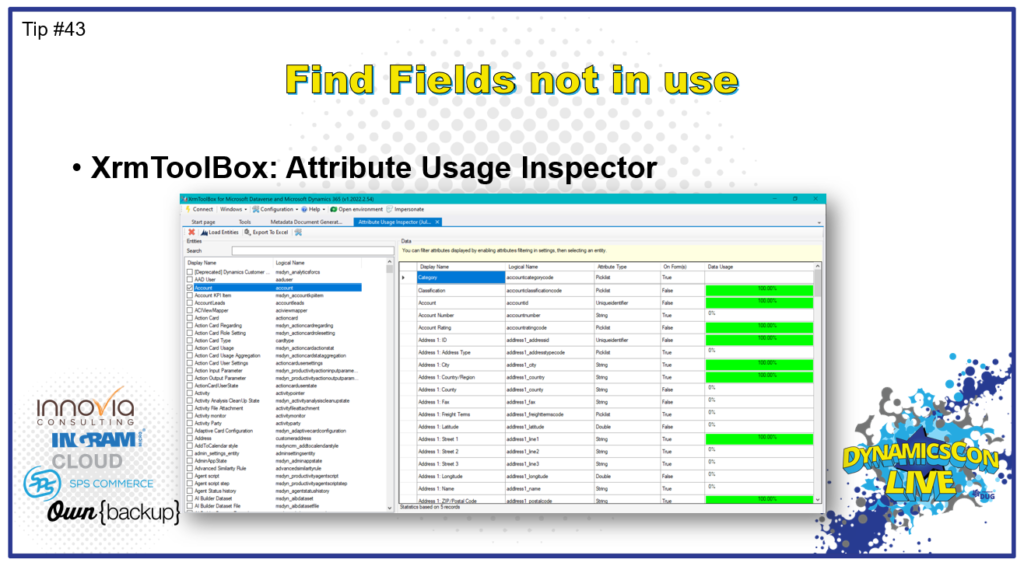 DynamicsCon Live Preview - XrmToolBox: Attribute Usage Inspector