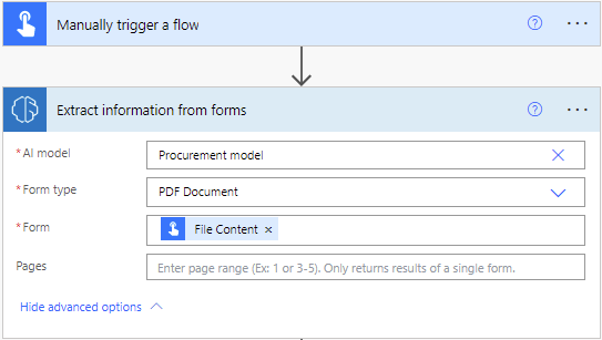 Sample flow using the Extract information from forms action from the AI Builder connector.