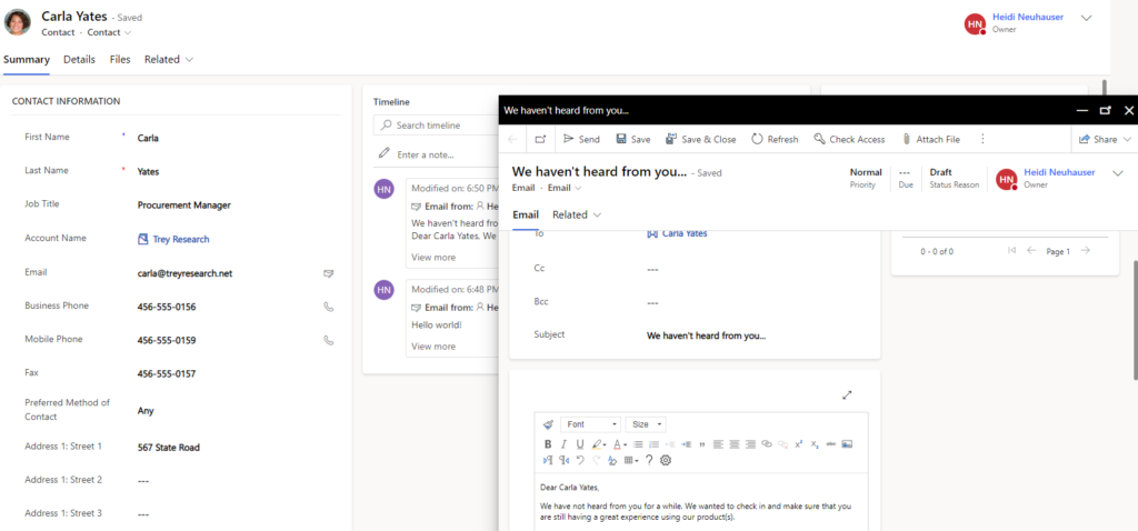 The enhanced email experience in Dynamics 365! A pop up window that you can collapse and expand.