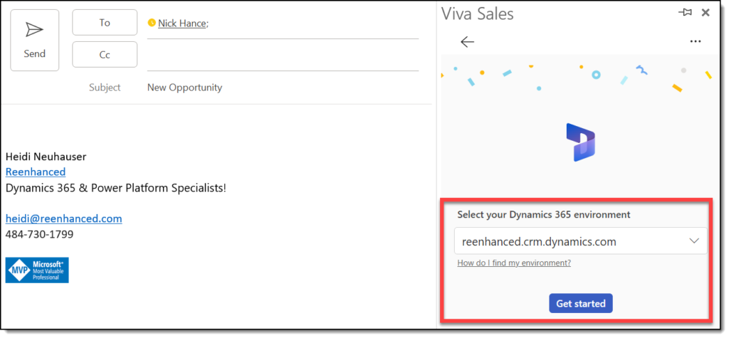 Select your Dynamics 365 environment in Viva Sales