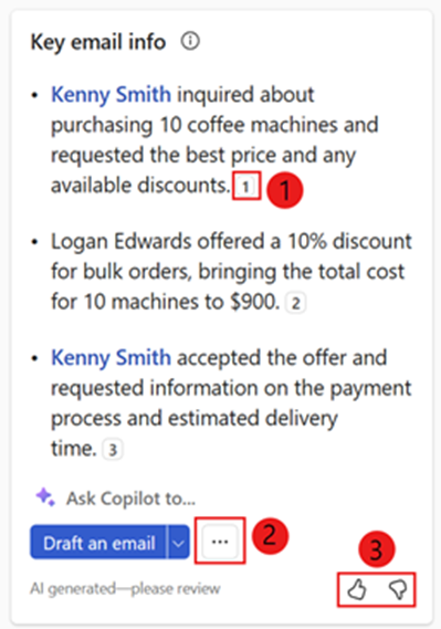 An image from Microsoft documentation showing some standard functionality of Copilot for Sales to summarize and draft an email.