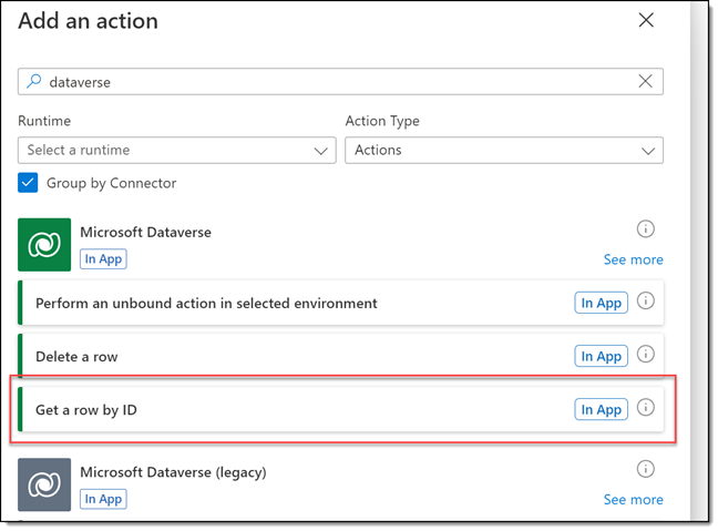 Get a row by ID as action step for Power Automate